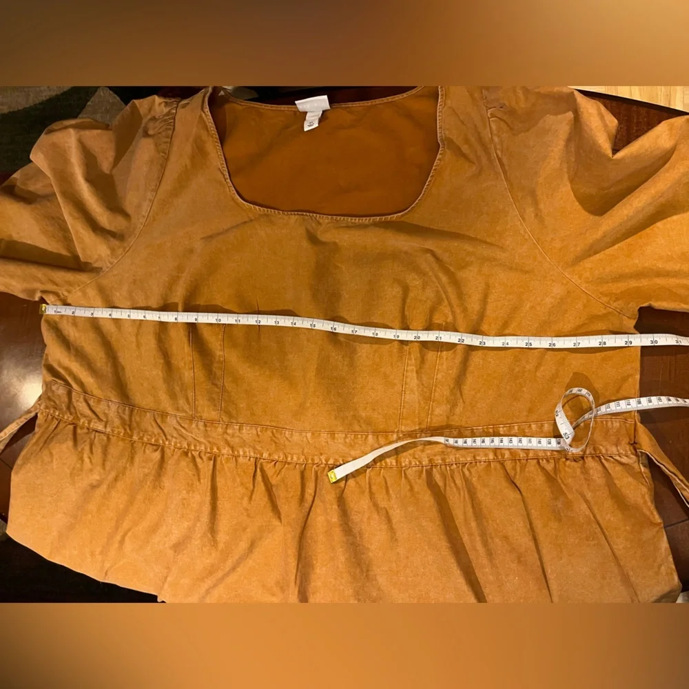 Ava & Viv tiered dress. Balloon 3/4-Sleeve A-Line. Midi, 100% cotton. Mustard 4X - Picture 8 of 12